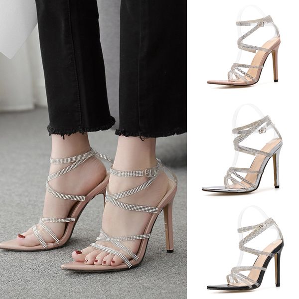

sandals for women 2020 new fashion europe and america roman shoes luxury rhinestone high heels pointed stiletto large size 42, Black