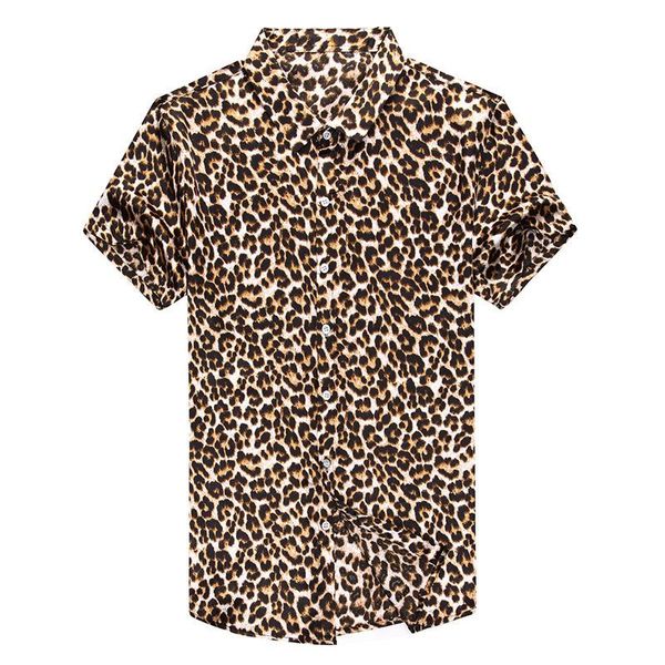 Мужские повседневные рубашки леопардовые печати мужская 2021 мода шелковые мужчины кнопка вниз лето плюс размер одежды социального клуба вечернее платье