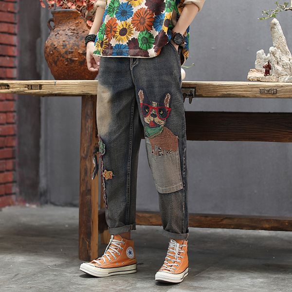 

women jeans denim pants big loose straight embroidery cartoon doggie bleached fashion casual for autumn az12213919, Blue