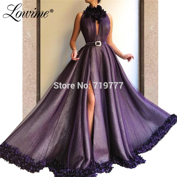 

dark purple special design high slit party dress red carpet gown 2019 celebrity prom dresses with handmade flowers evening dress, White;black