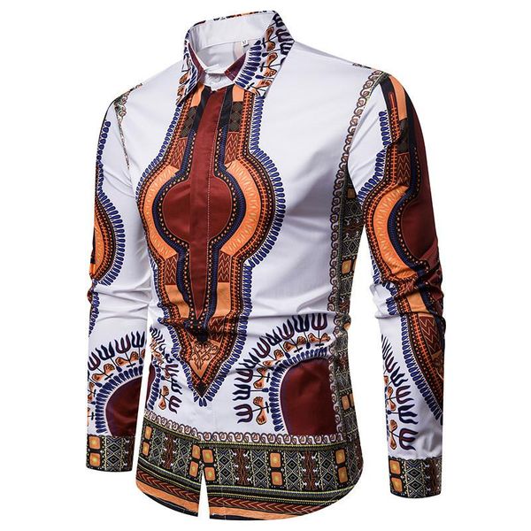

designer shirts fashion ethic 3d digital printed long sleeve tun-down collar shirts autumn mens clothing africa style mens, White;black