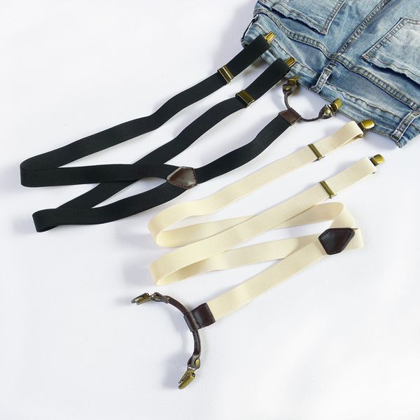 

beige color 4 clips suspender for men and women ing, Black;white