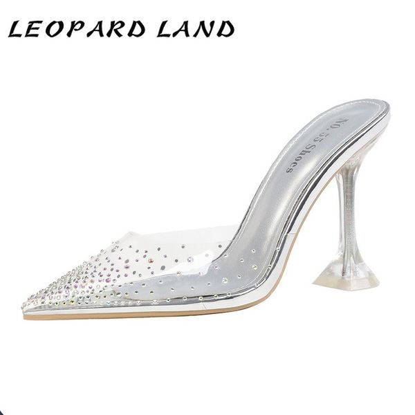 

leopard land 9cm pointed shallow mouth high heel women's shoes transparent shallow mouth cat heel rivet women slippers lsj, Black