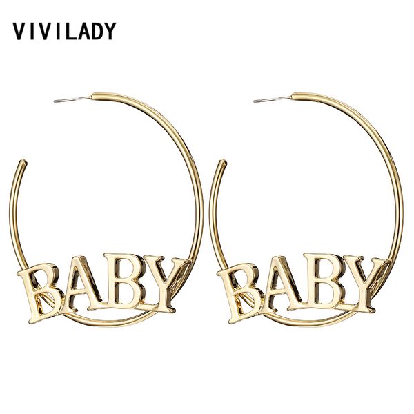 

vivilady trendy baby big hoop earrings women gold silver color boho summer beach letter circle round bijoux jewelry party gifts, Golden;silver