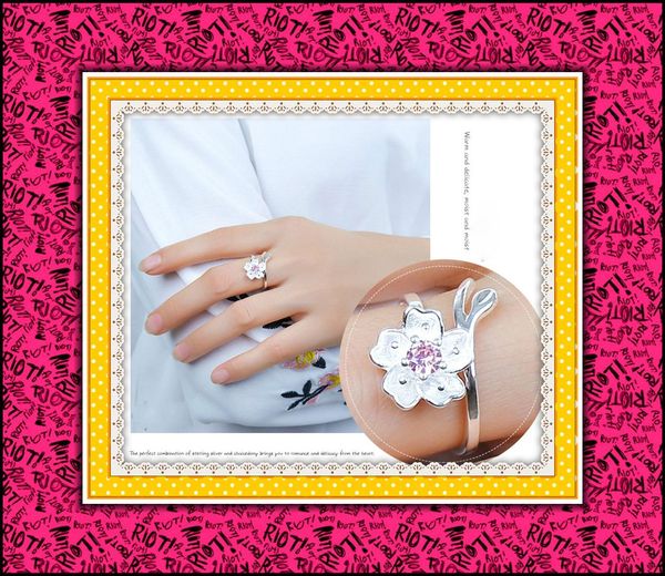 

925 sterling silver flower cherry pink purple blossom romantic valentine adjustable ring woman sweet rings mother's day gift, Golden;silver