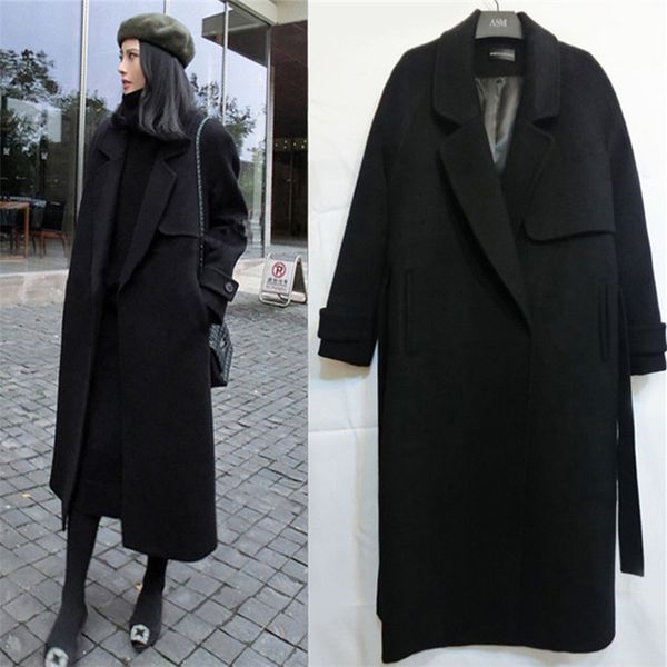 

2019 new spring autumn winter runway women's casual wool blend trench coat oversize long coat women wool cashmere outerwear, Black