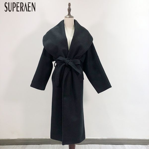 

superaen europe fashion women's woolen coat autumn and winter new 2020 ladies woolen coat solid color wild women clothing, Black
