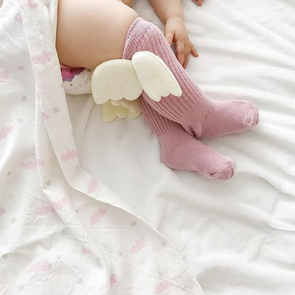 

2019 new cartoon cute cotton baby knee high socks angel wings toddler soft sock, Pink;yellow