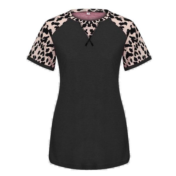 

women's round neck leopard print solid color casual short sleeve t-shirt, White