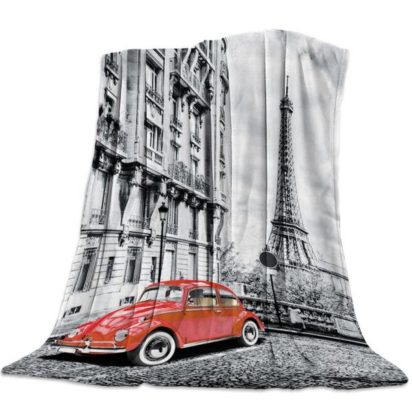 

red vintage car paris tower street nap blanket super soft cozy coral fleece throw blanket bedspread for couch throw travel