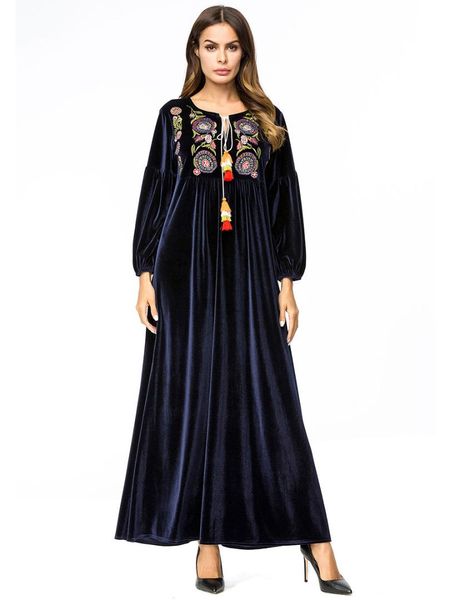 

elegant geometric embroidery velvet abaya muslim swing maxi dress swing long robes kimono loose ramadan arab islamic clothing, Black;gray