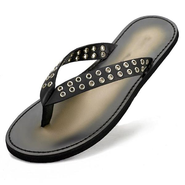 

flip-flops male summer genuine leather outer trend slippers anti-skid personality rubber beach outdoor anti-skid, Black
