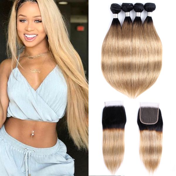 

индийская девственница прямые волосы пучки человеческих волос с закрытием color1b 27 медовая блондинка 3 или 4 пучка с закрытием шнурка 4x4, Black;brown