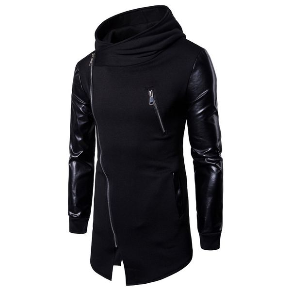

laamei new harajuku mens casual hoodie jackets pu leather patchwork motorcycle long outwear coat zipper irregular rock coats, Black