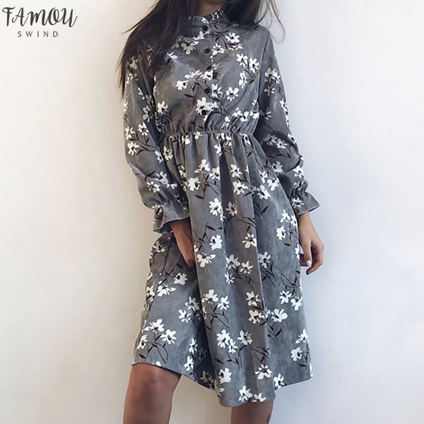 

winter korean print flowers women kawaii dress vintage long sleeve mid-calf party dress button o-neck vestidos cute clothing, Black;gray