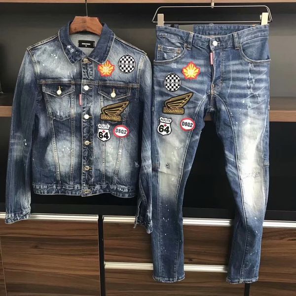 

new arrivals mens designer patch graffiti jacket more suit denim jacket locomotive tide brand jeans clothing coats pants italy size 46-54, Black;brown