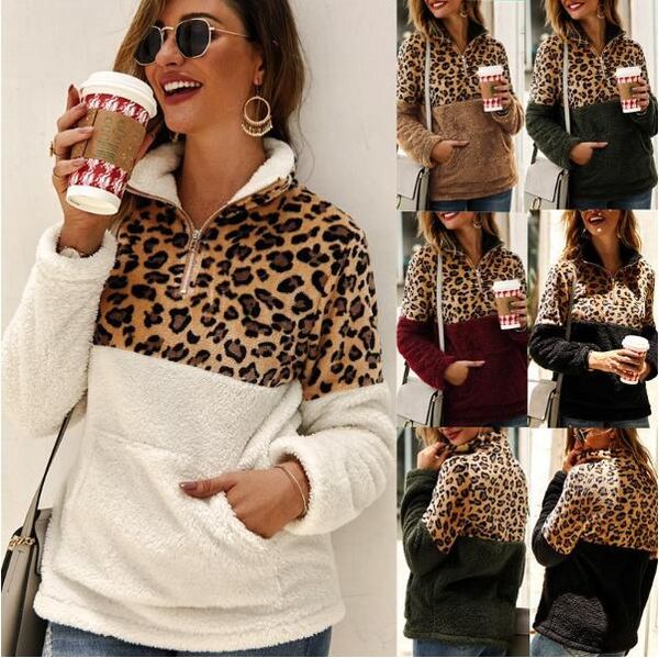 

De igner hoodie top women leopard patchwork pullover long leeve zipper herpa weat hirt oft fleece outwear woman weat hirt, White