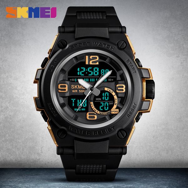 

2019 skmei new sports watch men sport waterproof men wristwatch dual display digital pu strap quartz watch wrist, Slivery;brown
