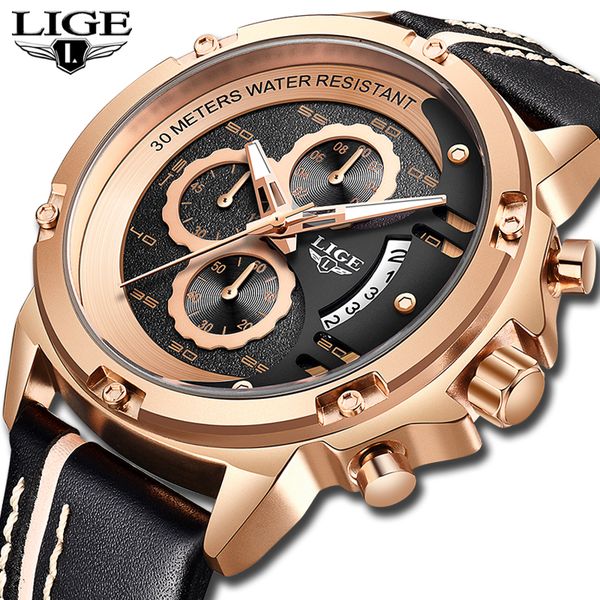 

lige new creative sports watch men's fashion brand waterproof leather strap quartz watch clock male relogio masculino, Slivery;brown
