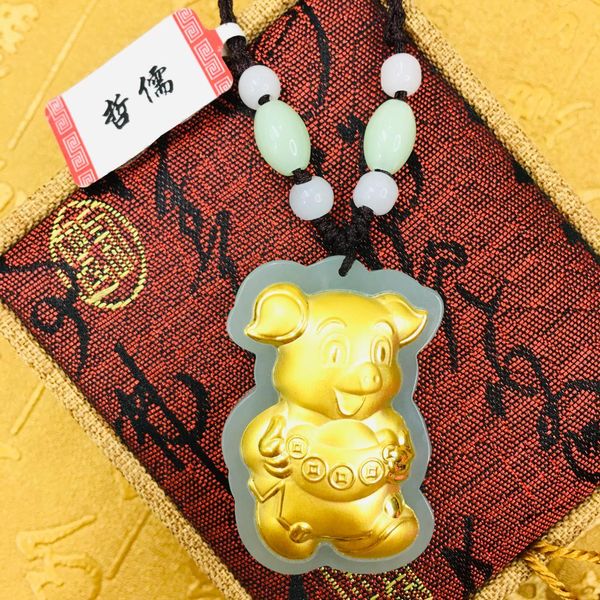 

send a-level certificate large section of natural hetian white jade inlaid 24k gold cow cow pendant with handmade necklace, Silver