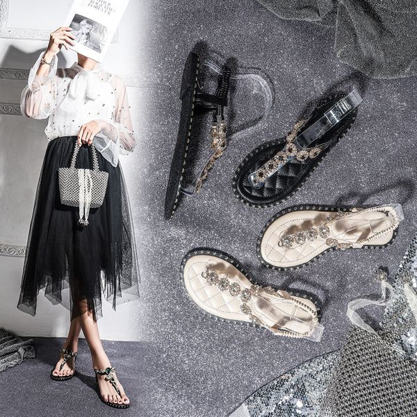 

rhinestone sandals 2020 new summer bohemian clip toe flat bottom fairy style beach fashion beach shoes, Black