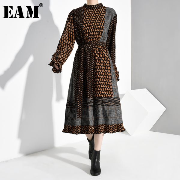

eam] women pattern print bandage temperament dress new stand collar long sleeve loose fit fashion spring autumn 2019 1b7290, Black;gray