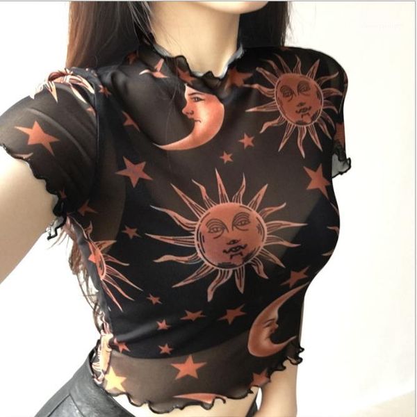 

moon stars black t shirt new fashion women mesh sheer see-through short sleeve crop ladies turtleneck, White