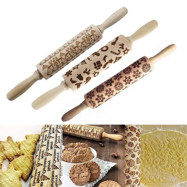

bmby-christmas wooden 3d rolling pins,embossing natural wood carved engraved rolling pin with christmas pattern for baking embos