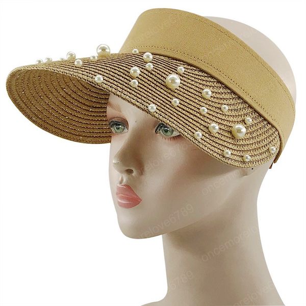 

new spring summer visors cap foldable wide large brim sun hat beach hats for women pearl straw hat chapeau, Blue;gray