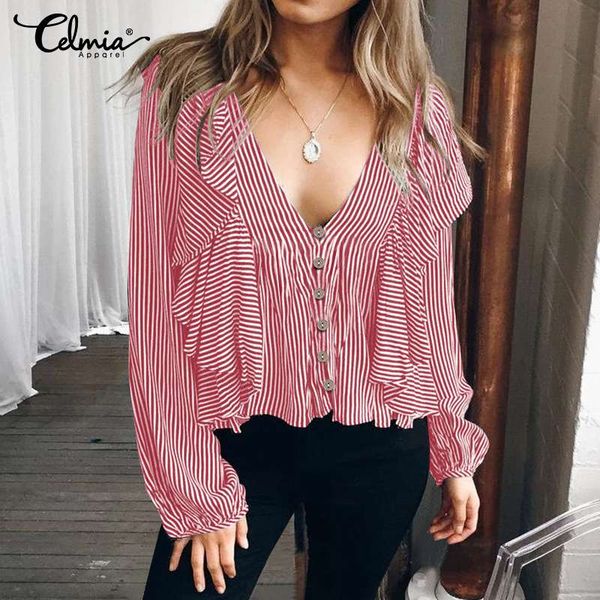

celmia 2019 stylish shirts women's blouses female v-neck long sleeve ruffles striped casual loose buttons work blusas, White