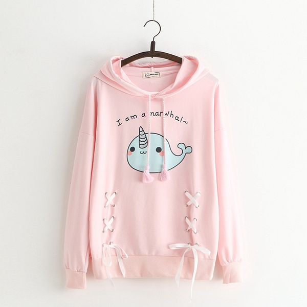 

hooded sweatshirt 2019 spring autumn long sleeve hodies cute whale printed girls sweatshirt narwhal bow pullovers female kawaii, Black