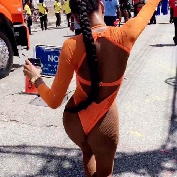 

2019 new bright orange long sleeve beach jumpsuit summer see-through mesh backless playsuit high waist bodysuit, Black;white