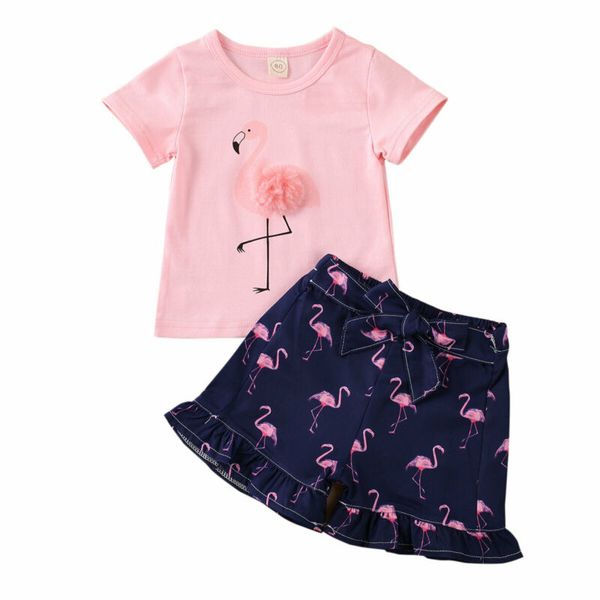 

toddler baby summer clothing infant girls short sleeve flamingo print t-shirt shorts pants trakcsuits 2pcs outfits clothes, White