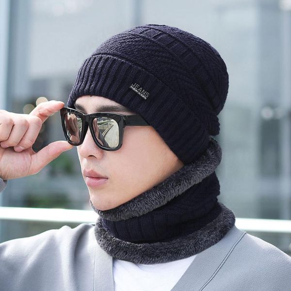 

plus velvet hat scarf set men women winter warm knitted beanie hat ring scarf set windproof two-pieces earmuff cap with, Blue;gray