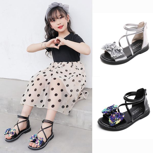 

eu26-36 new girls open-toe sandals korean fashion cuffed bow sandals children summer shoes t200427, Black;red