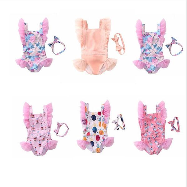

kids swimwear baby girls floral printed one-pieces lace bikini bowknot headband suits summer mesh princess bathing suit hairband sets cyp597, Black