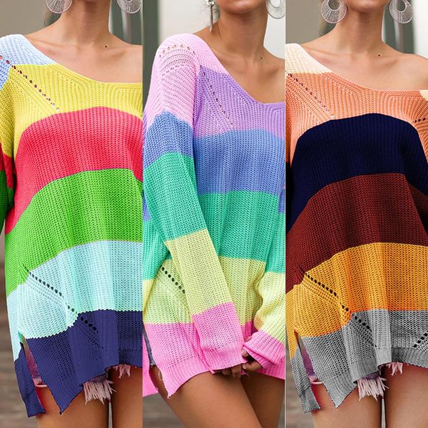 

oeak 2019 women's long-sleeved oversize multicolor striped loose knitted jumper jumper sweatshirt, White;black