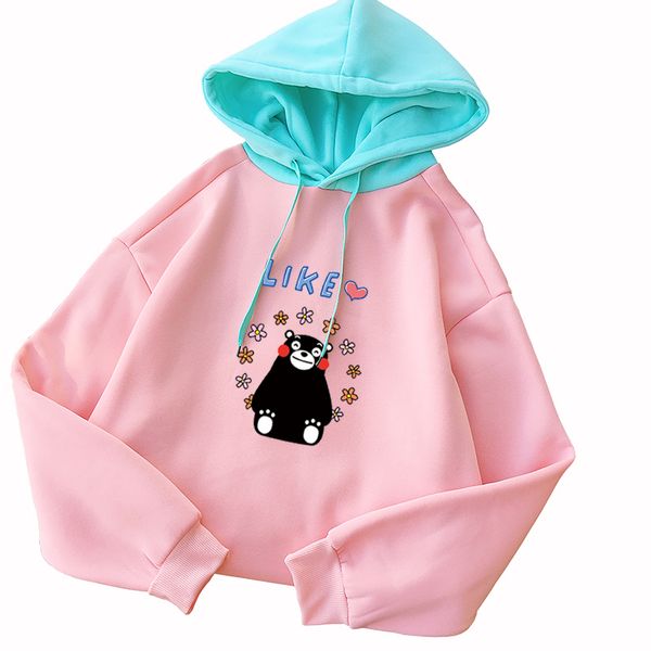 

kumamon printing hoodies sweatshirt harajuku kawaii cartoon hooded women clothing loose warm fleece spell color jumper pullovers, Black