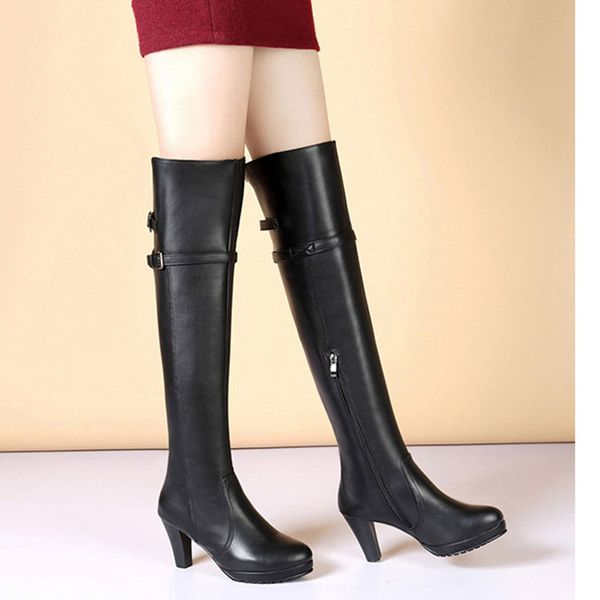 

autumn and winter 2019 new long knee high women's boots with plush warm high heel side zipper women's fashion boots, Black