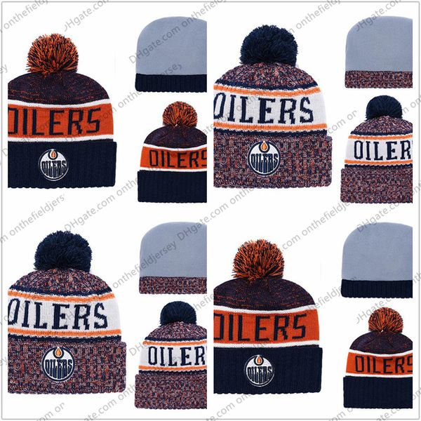 

Men's Edmonton Oilers Ice Hockey Knit Beanie Embroidery Adjustable Hat Embroidered Snapback Caps Blue White Orange Stitched Knit Hat