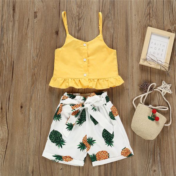 

2020 summer children outfit yellow vest+pineapple print short pant 2pcs set kid girl clothes suit fashion beach clothes, White