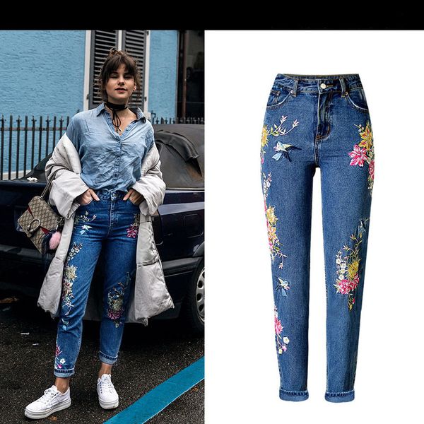 

women's jeans sherhure vintage bird embroidery woman waist casual denim pants femme, Blue