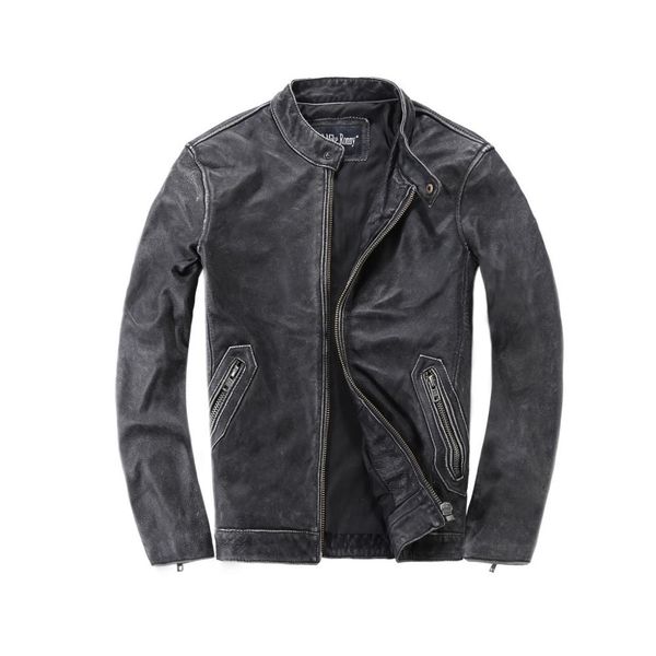 

vintage distressed slim men american casual style leather jacket plus size 6xl genuine cowhide autumn leather coat ing, Black