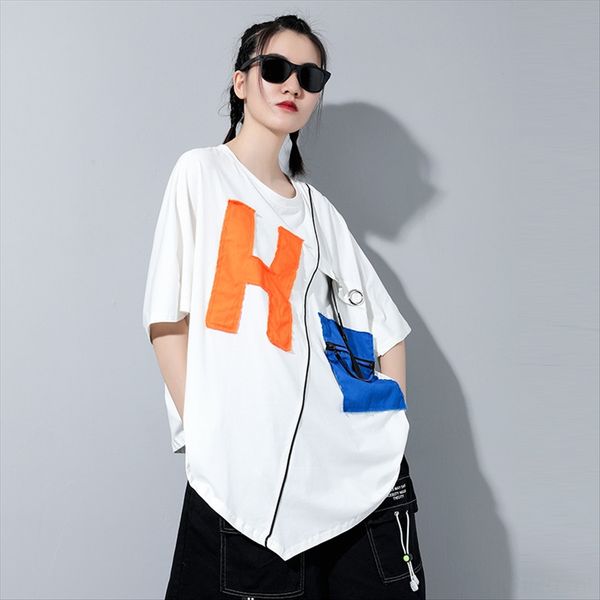 

fashionable women's 2020 summer clothes pullover stitching pullover t-shirt personalized bf round collar irregular t-shirt skirt 201138, White