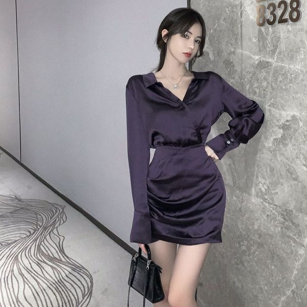 

2020 new korean style temperament goddess fan purple slim waist slimming bag hip shirt dress tide, White;black