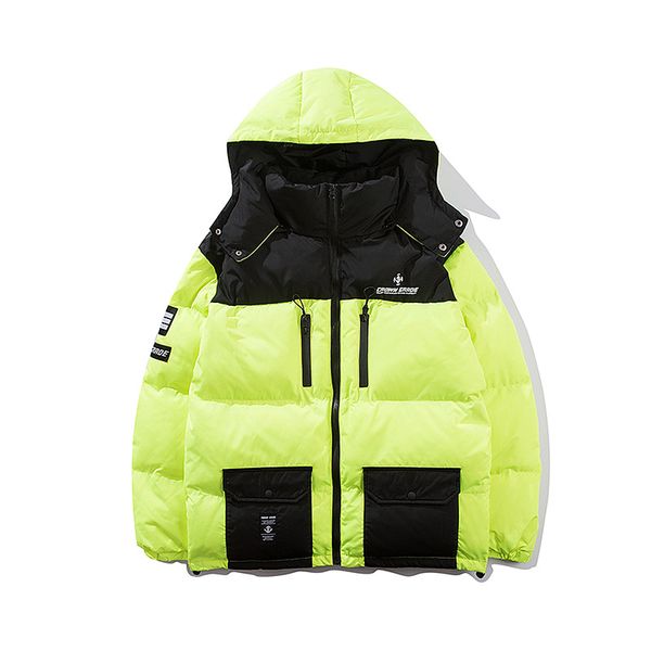 

men color block patchwork zipper pockets removable hooded parkas jackets streetwear casual hip hop cotton padded parka coat, Black