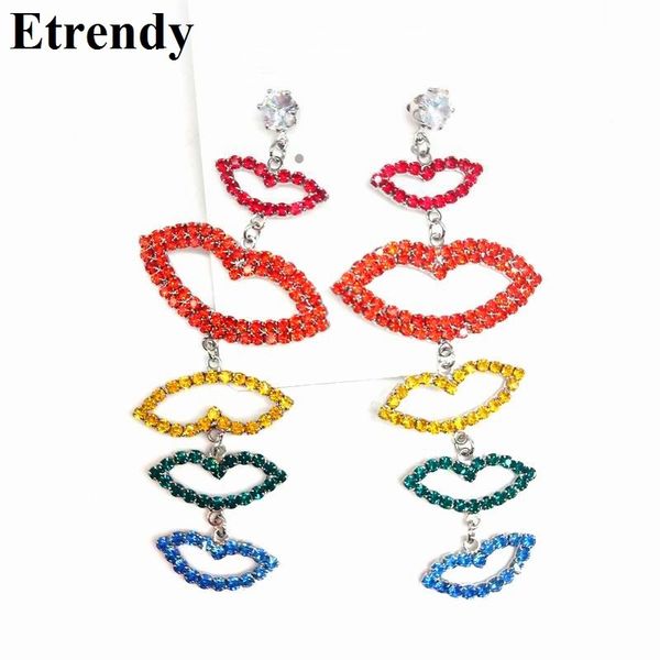 

fashion rhinestone lips long drop earrings for women jewelry party nightclub big statement earrings 2019, Silver