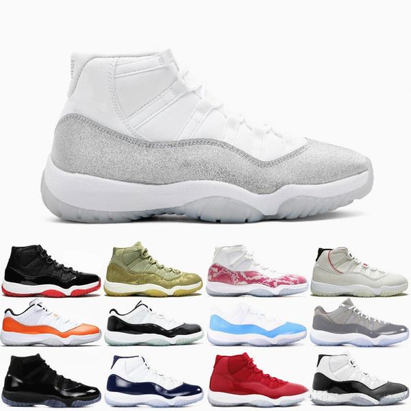 

11s vast grey metallic silver basketball shoes 11 concord bred snakeskin heiress florida space jams platinum tint mens women sports sneakers, White;red