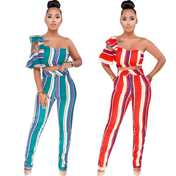 

women striped one shoulder 2 piece set strapless crop pencil pants suits hollow out short sleeve summer outfits, White