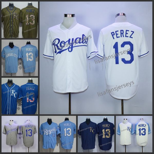 

baseball jerseys mens 13 salvador perez home away road embroidered navy blue white gold grey orange stitched baseball jersey, Blue;black